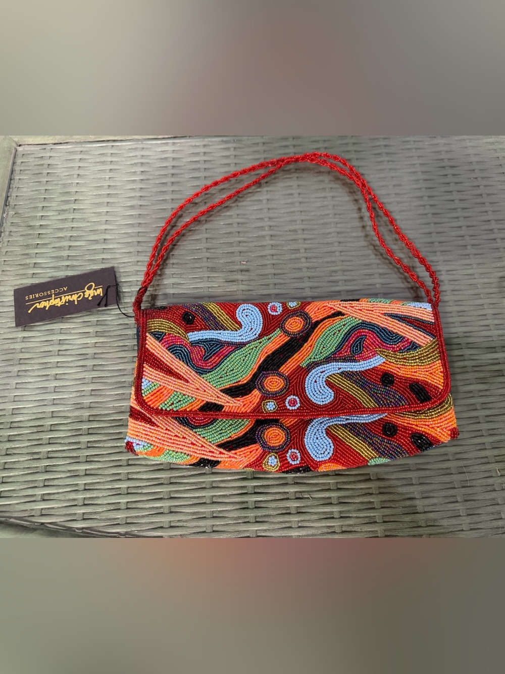 INGE Christopher Hand-Beaded Multicolor Clutch with Red Strap Purse Vintage